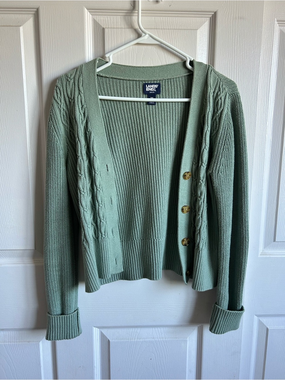 Lands' End Women's Sage Green Cable-Front Button Cardigan